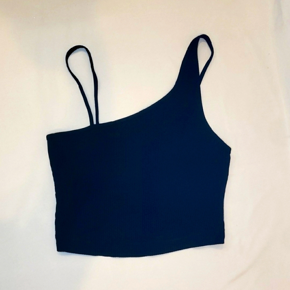 Ribbed Black Asymmetrical Straps Micro Crop Top